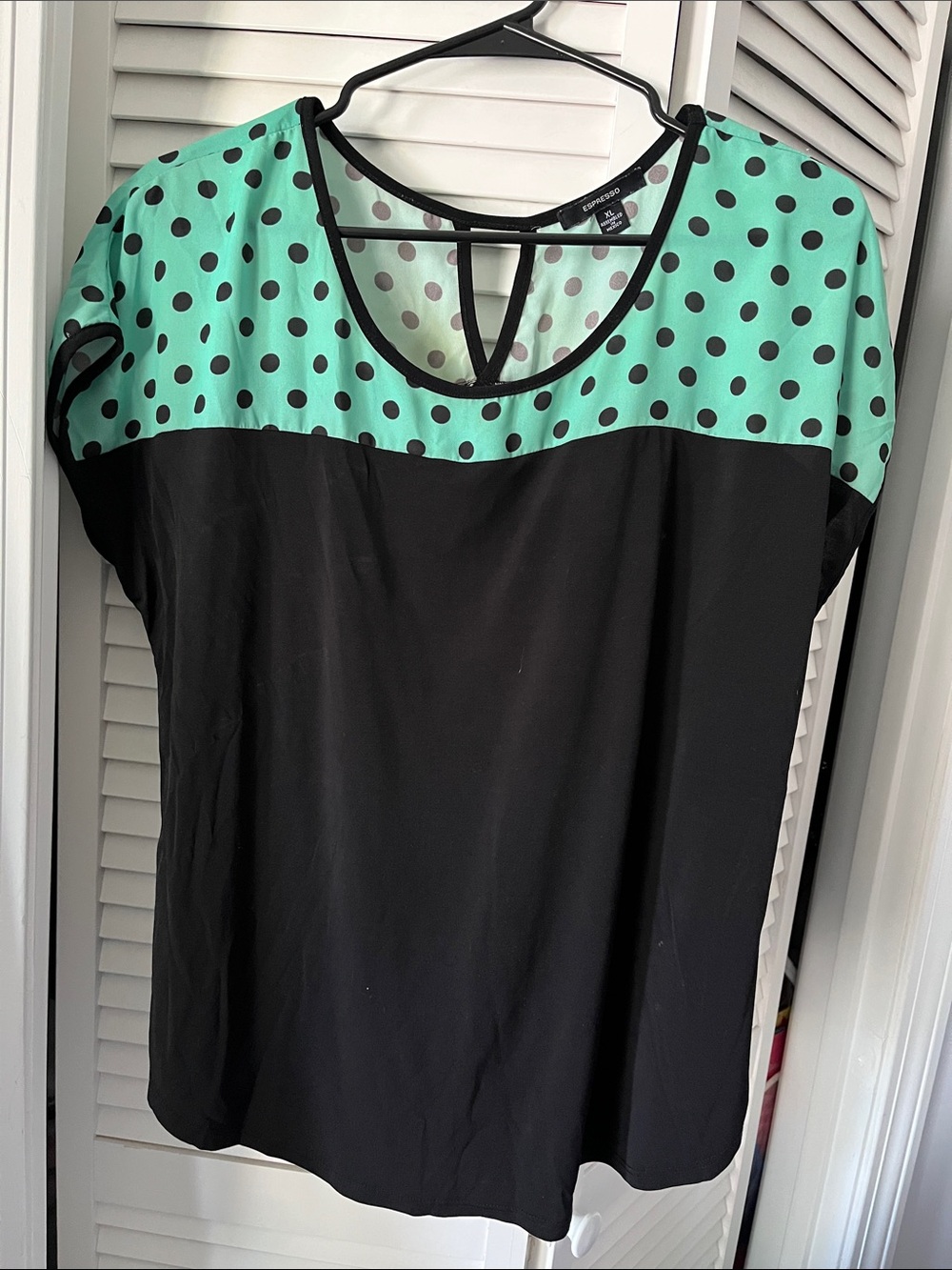 Espresso Black Blouse with Mint Polka Dot Yoke